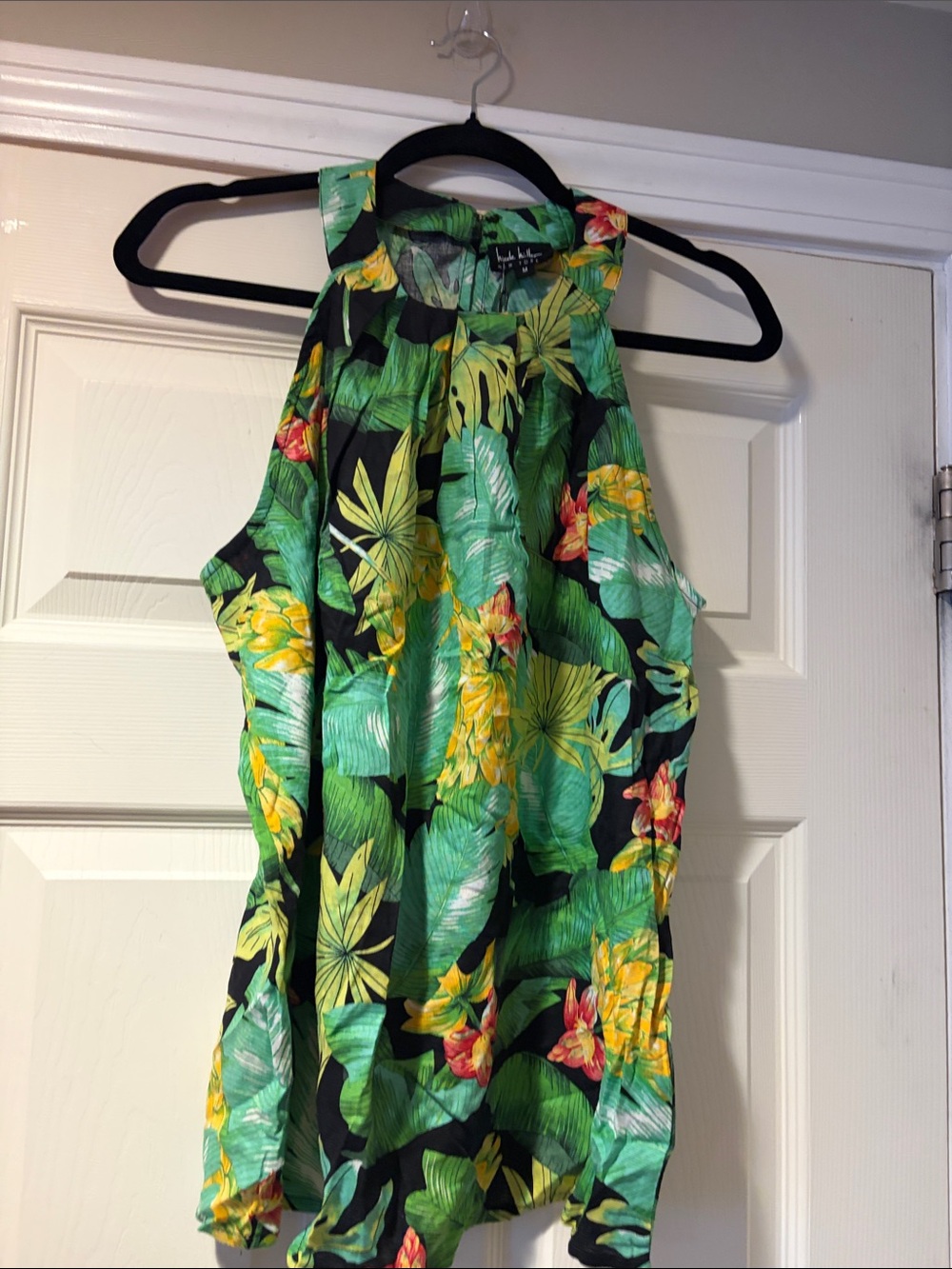 Linen Blend Tropical Tank Top in Green M